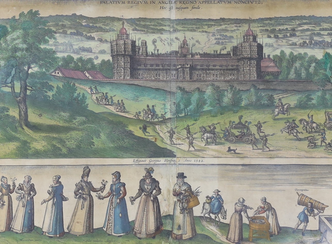Frans Hogenberg after Joris Hoefnagel, coloured engraving, 'Palatium Regium in Angliae.. Nonciutz' (Nonsuch Palace), 1582, 33 x 45cm